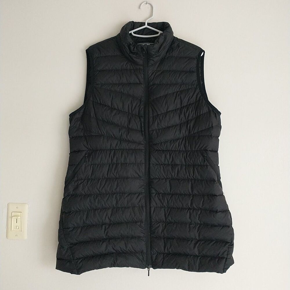Lands End Puffer Vest Womens PL Petite Black Down Quilted Full Zip Long Line